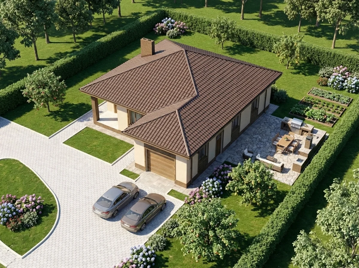 Фасад — вид сверху, aerial рендер участка